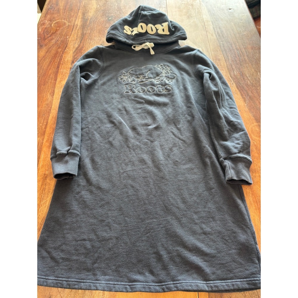 ROOTS hoodie dress women large charcoal grey embroidered beaver logo long sleeve